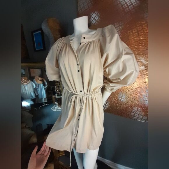 Zara Beige 100% Cotton Puff Sleeve Button-Down Mini Dress - Picture 10 of 13